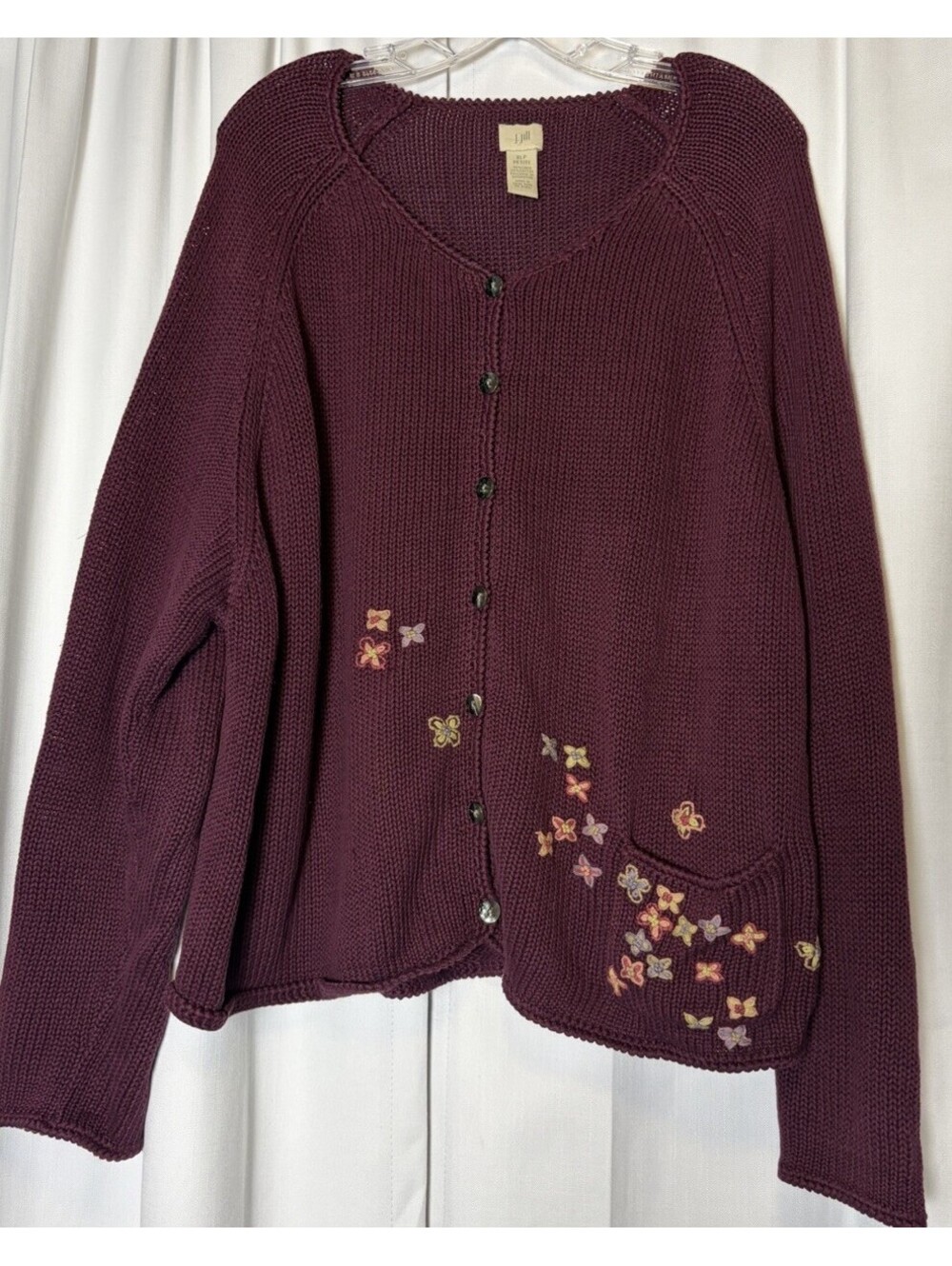 Vintage Y2K 90s J. Jill Linen Cotton Knit Cardigan W/ Embroidered Flowers XLP